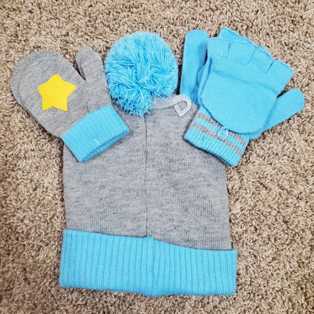 New Baby Shark Grey Blue‎ 3 piece Mitten Hate Set Toddler